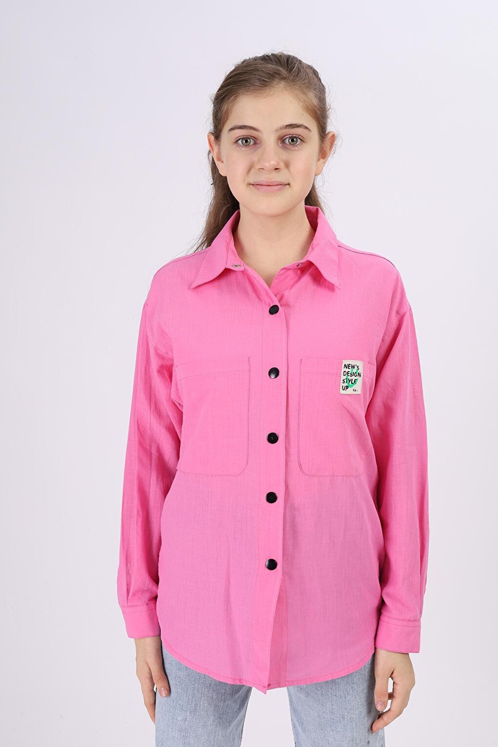 Girl's Comfortable Cut Linen Shirt with Pattern on the Back Lx212