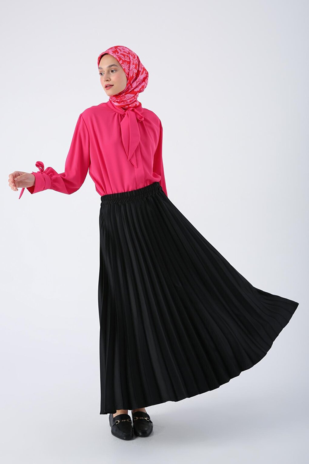 Black Pleated Comfortable Fit Satin Skirt with Elastic Waist