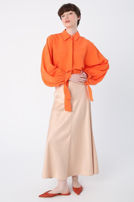 Satin A-Line Skirt with Stone Zipper Closure