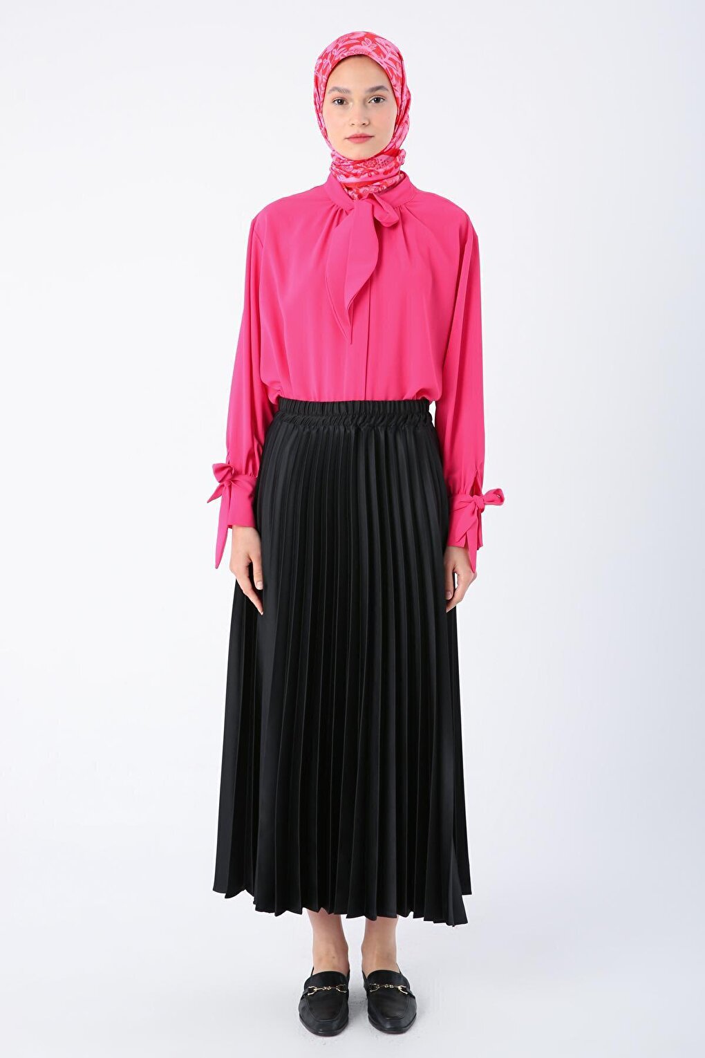 Black Pleated Comfortable Fit Satin Skirt with Elastic Waist