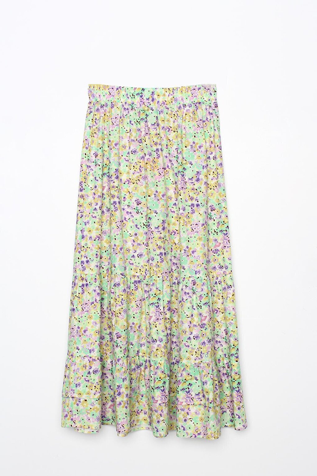 Ecru-Lilac 100% Cotton Patterned Skirt with Elastic Waist and Ruffle Detail