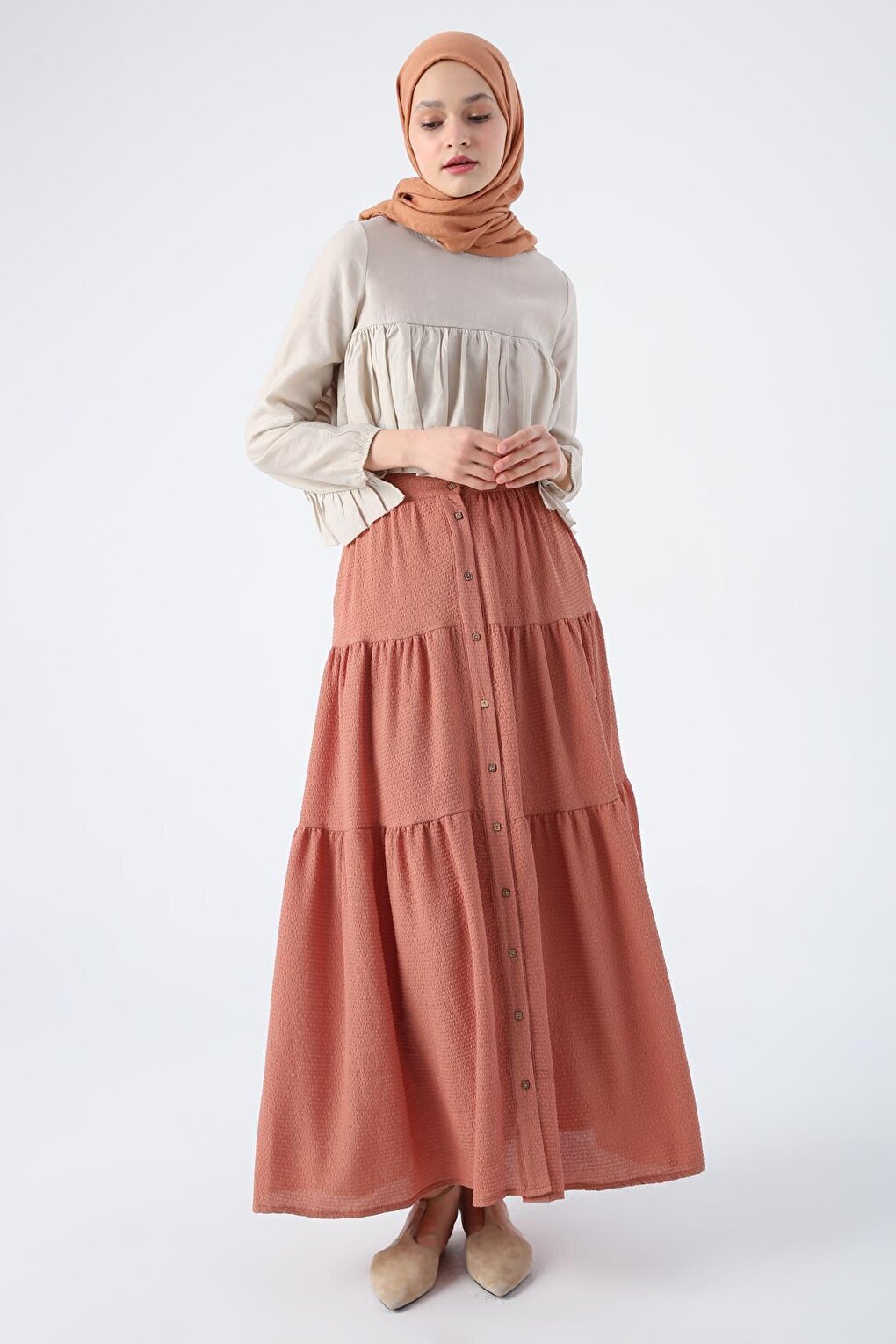 Salmon Buttoned Elastic Waist Ruffled Wrap Skirt