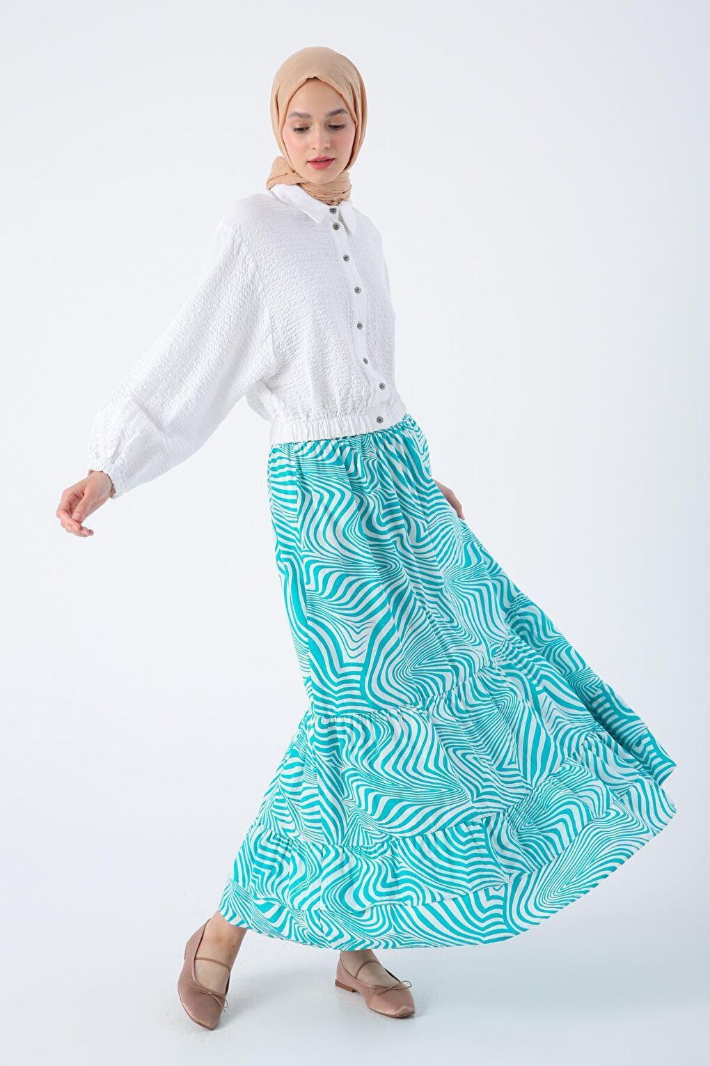 Green-White 100% Cotton Patterned Skirt with Elastic Waist and Ruffle Detail