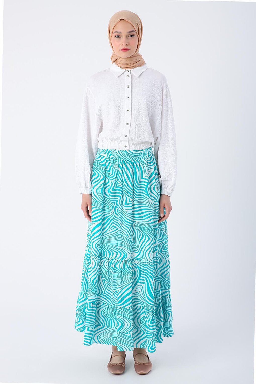 Green-White 100% Cotton Patterned Skirt with Elastic Waist and Ruffle Detail