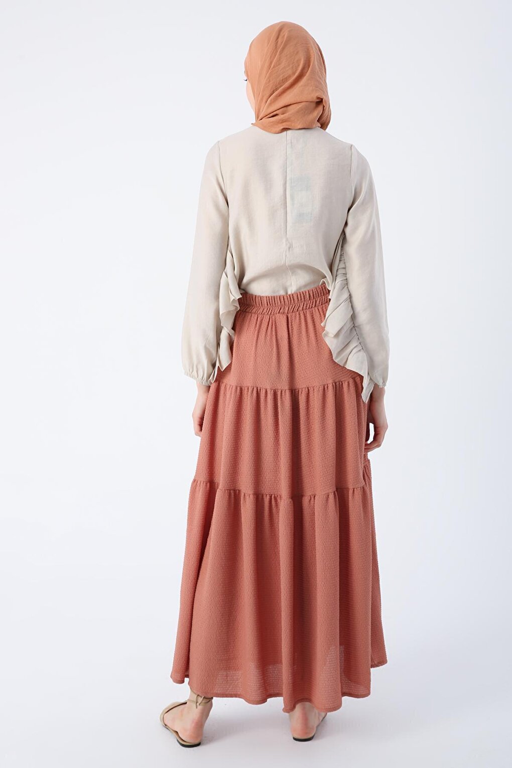 Salmon Buttoned Elastic Waist Ruffled Wrap Skirt