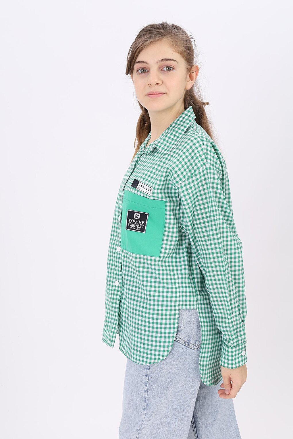 Girl's Pocket Garnished Pitikare Plaid Shirt Lx183-2