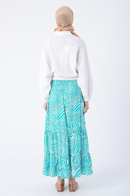 Green-White 100% Cotton Patterned Skirt with Elastic Waist and Ruffle Detail