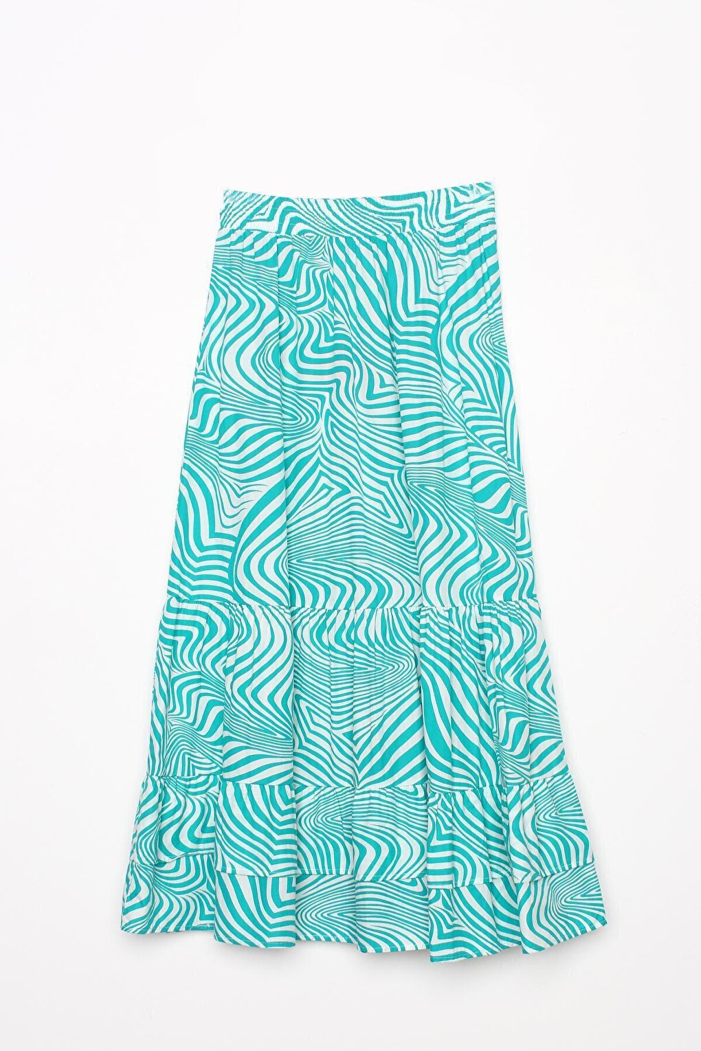 Green-White 100% Cotton Patterned Skirt with Elastic Waist and Ruffle Detail