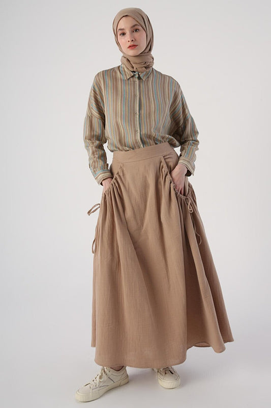 Dark Beige 100% Cotton Flared Skirt with Ruffle Detail on the Sides