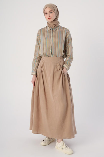 Dark Beige 100% Cotton Flared Skirt with Ruffle Detail on the Sides