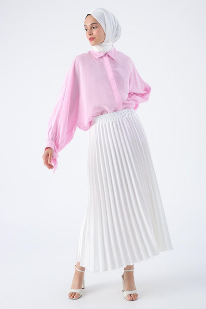 White Pleated Comfortable Fit Satin Skirt with Elastic Waist