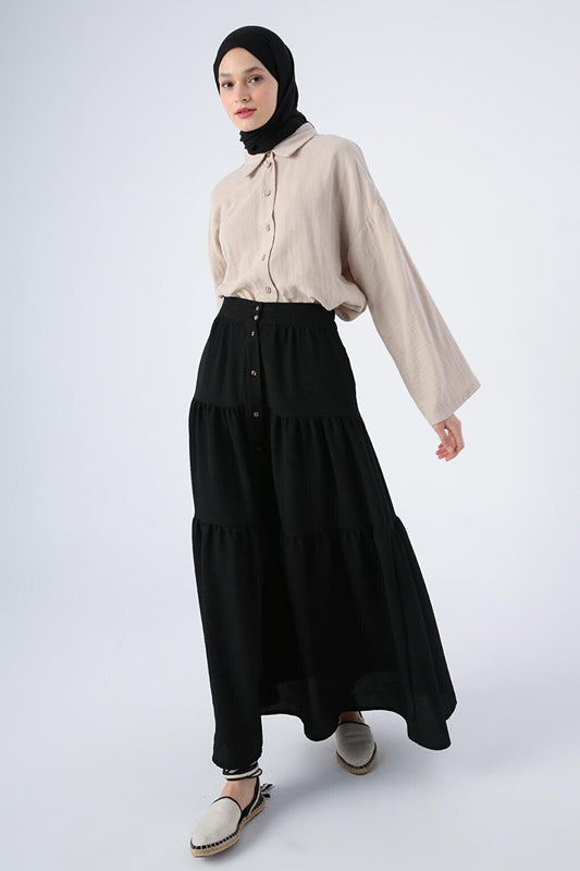 Black Buttoned, Elastic Waist, Ruffled Wrap Skirt