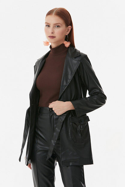 Faux Leather Trench Coat with Elastic Waist