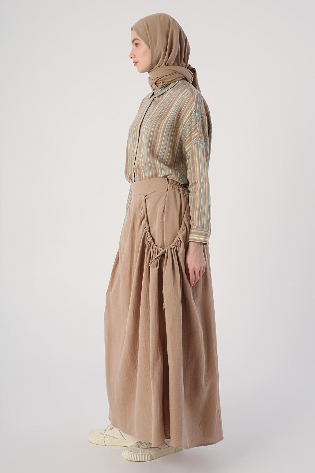 Dark Beige 100% Cotton Flared Skirt with Ruffle Detail on the Sides