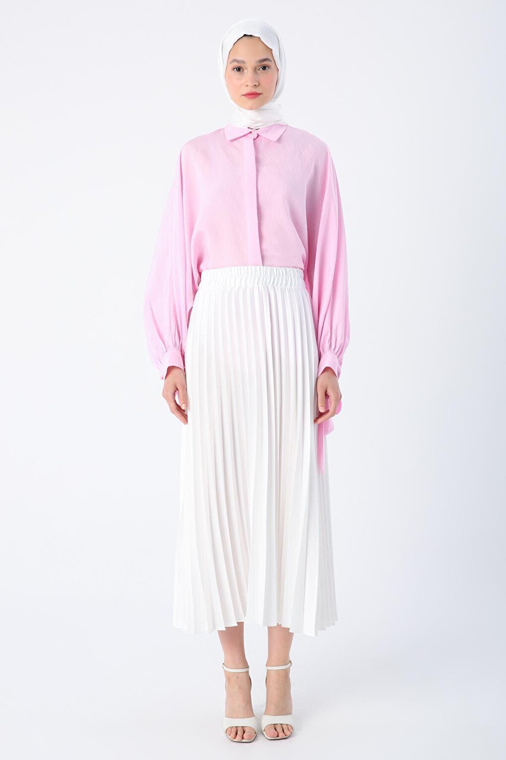 White Pleated Comfortable Fit Satin Skirt with Elastic Waist