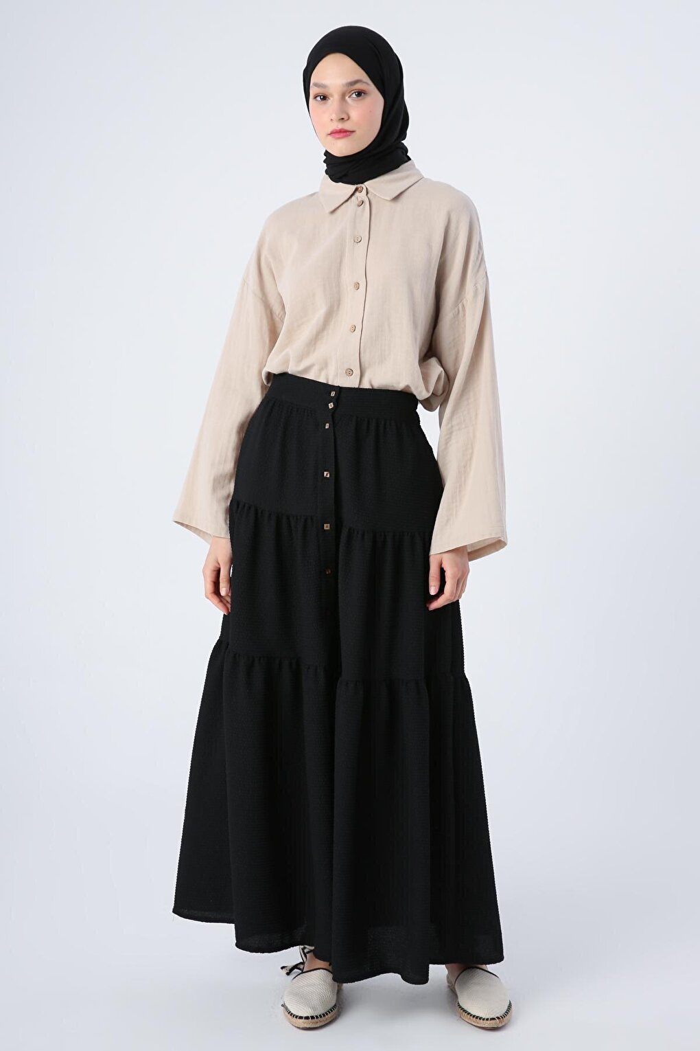 Black Buttoned, Elastic Waist, Ruffled Wrap Skirt