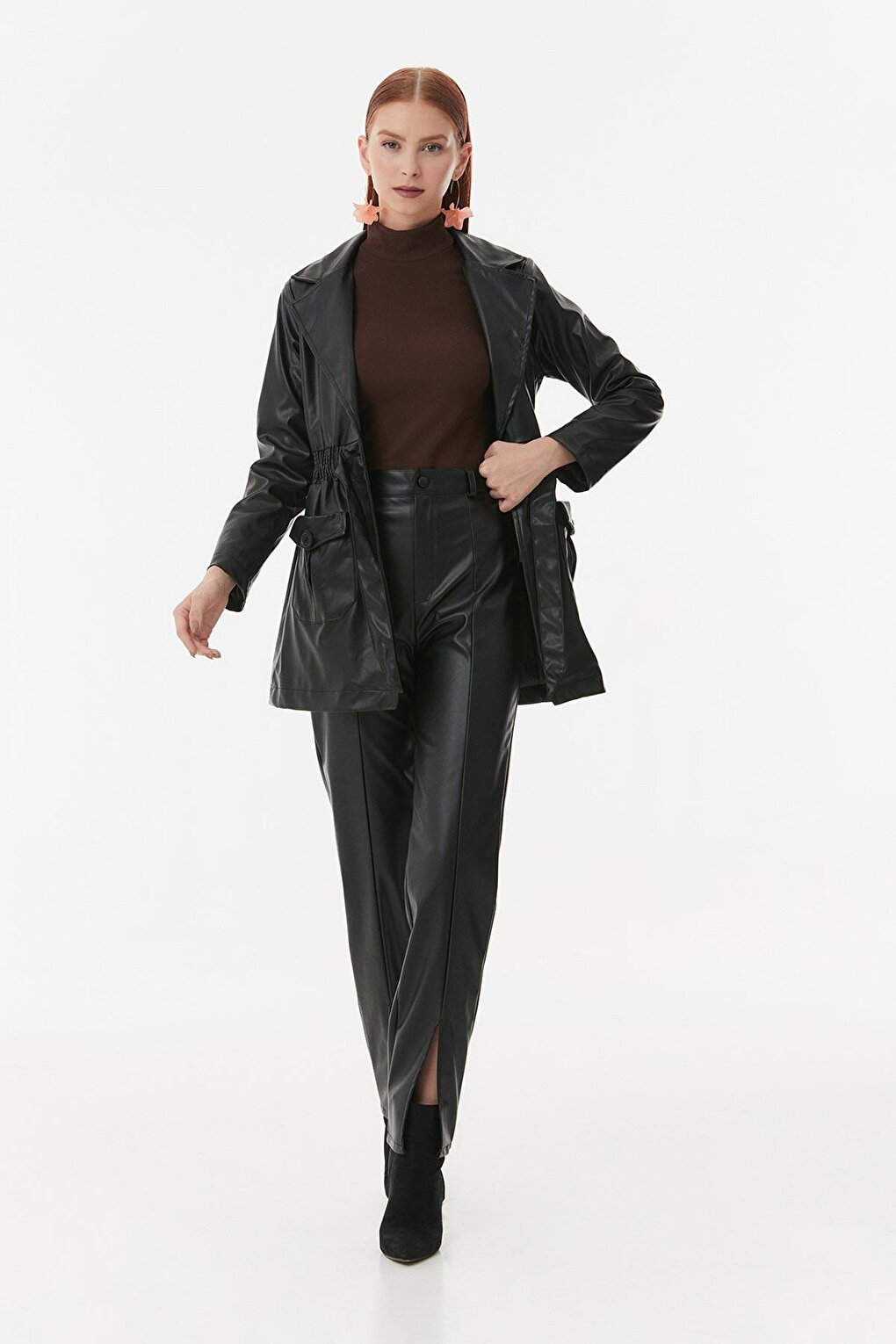 Faux Leather Trench Coat with Elastic Waist