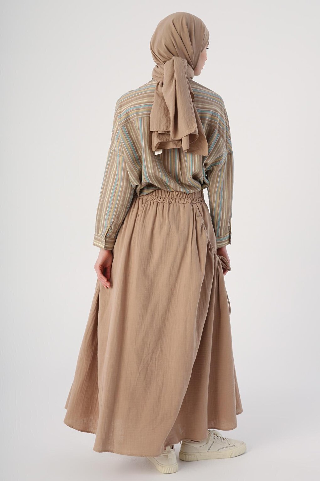 Dark Beige 100% Cotton Flared Skirt with Ruffle Detail on the Sides