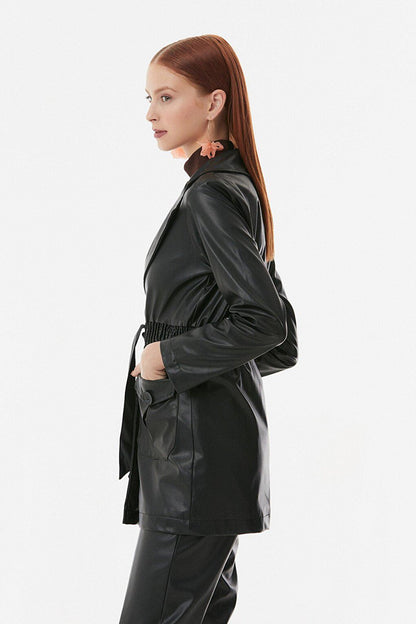 Faux Leather Trench Coat with Elastic Waist