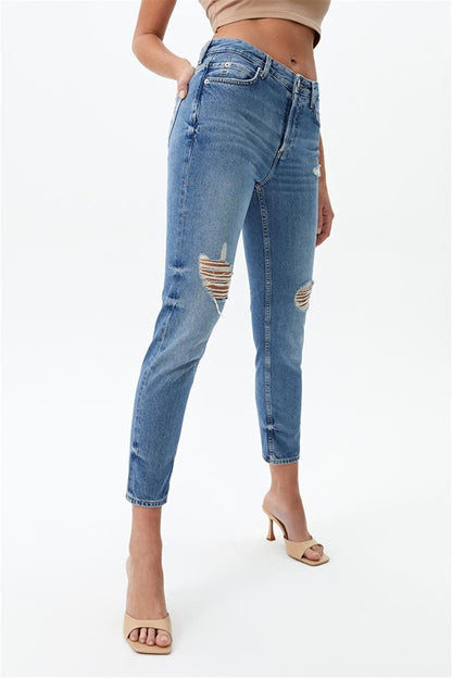 High Waist Ripped Detailed Denim Trousers