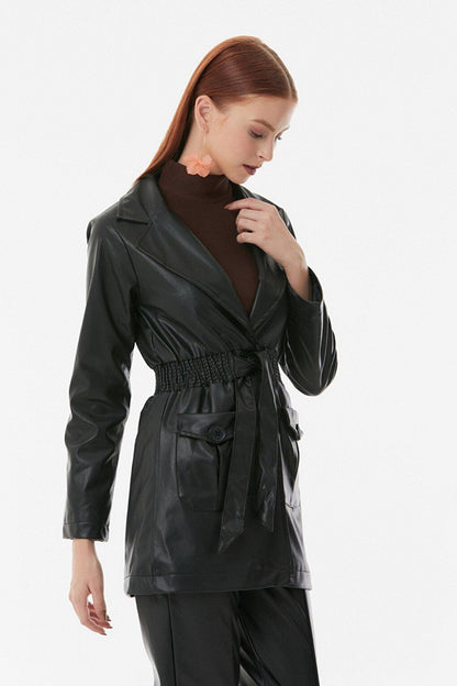 Faux Leather Trench Coat with Elastic Waist