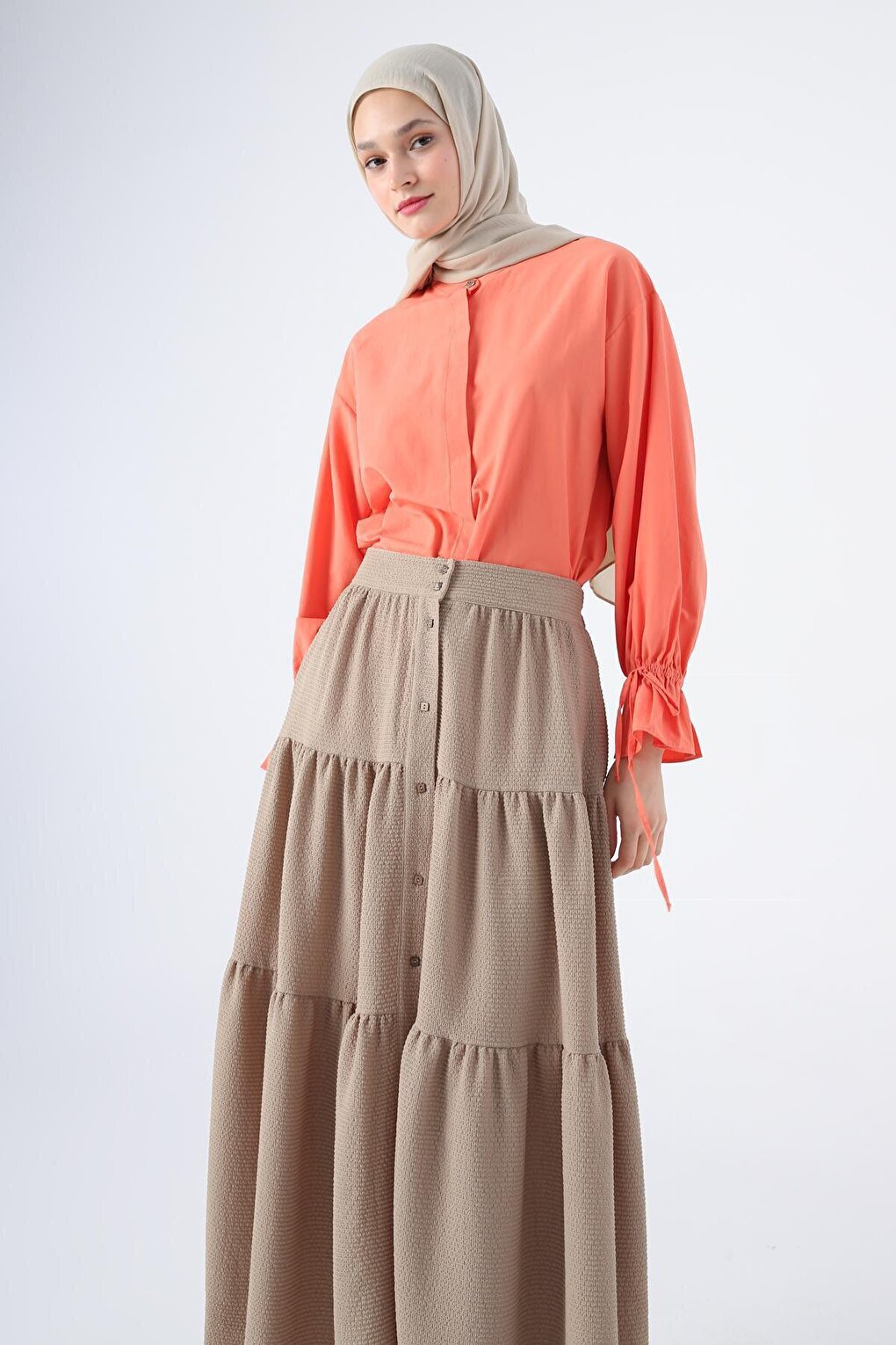 Camel Buttoned, Elastic Waist, Ruffled Wrap Skirt