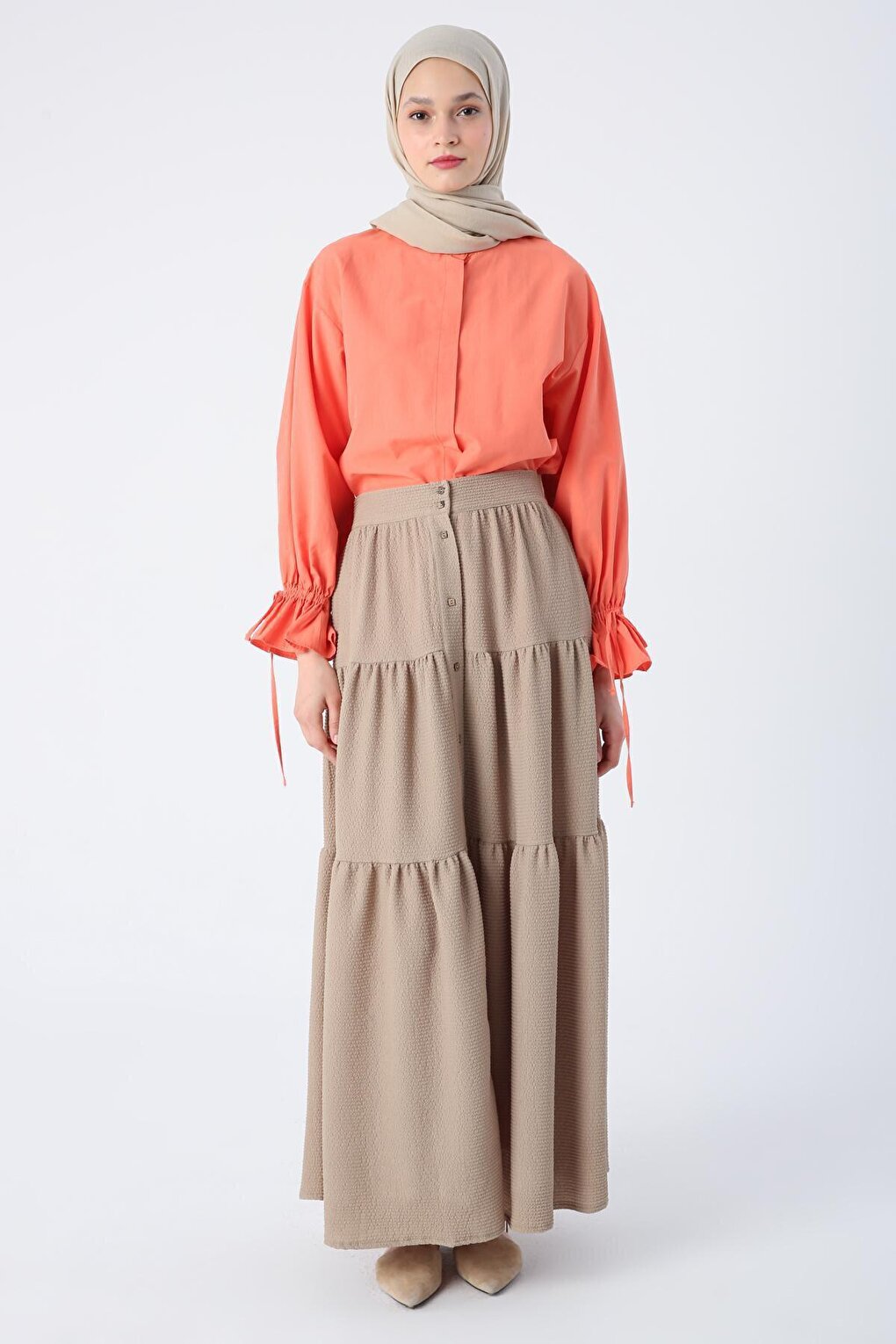 Camel Buttoned, Elastic Waist, Ruffled Wrap Skirt