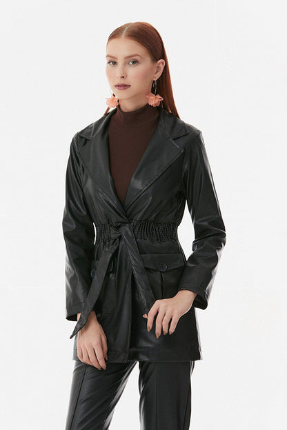 Faux Leather Trench Coat with Elastic Waist