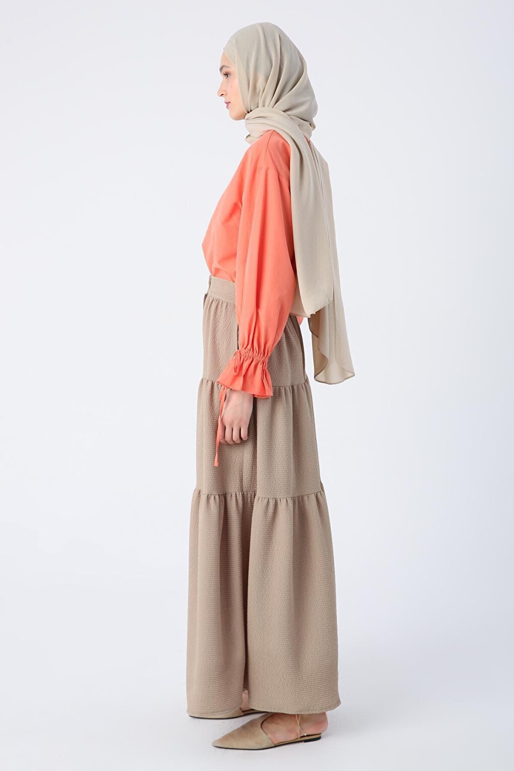 Camel Buttoned, Elastic Waist, Ruffled Wrap Skirt