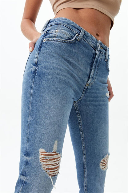 High Waist Ripped Detailed Denim Trousers