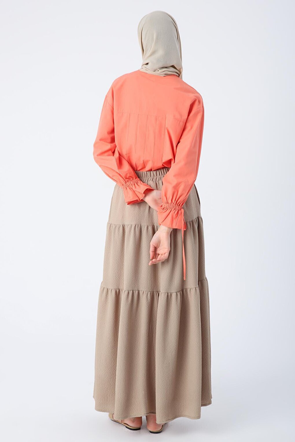 Camel Buttoned, Elastic Waist, Ruffled Wrap Skirt