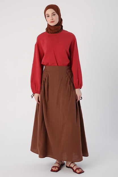 Brown 100% Cotton Flared Skirt with Ruffle Detail on the Sides