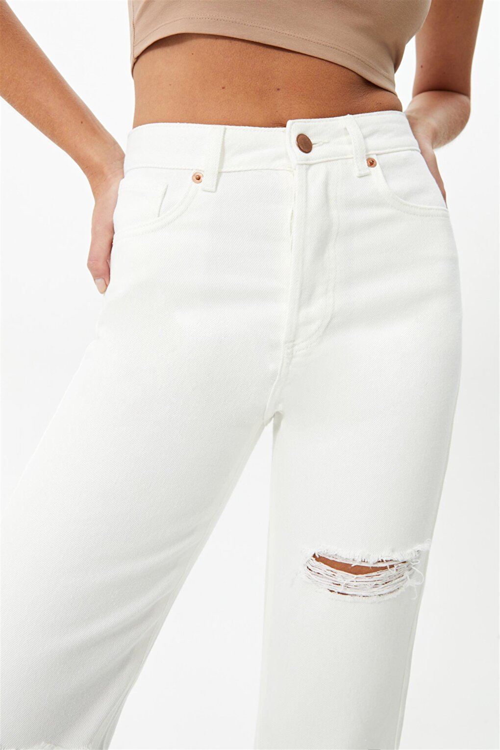 Ecru Ripped Detailed Wide Leg Yüksel Ben Jeans