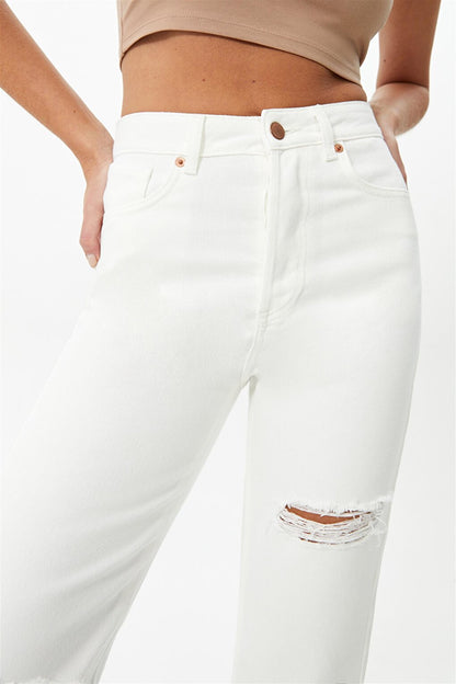 Ecru Ripped Detailed Wide Leg Yüksel Ben Jeans