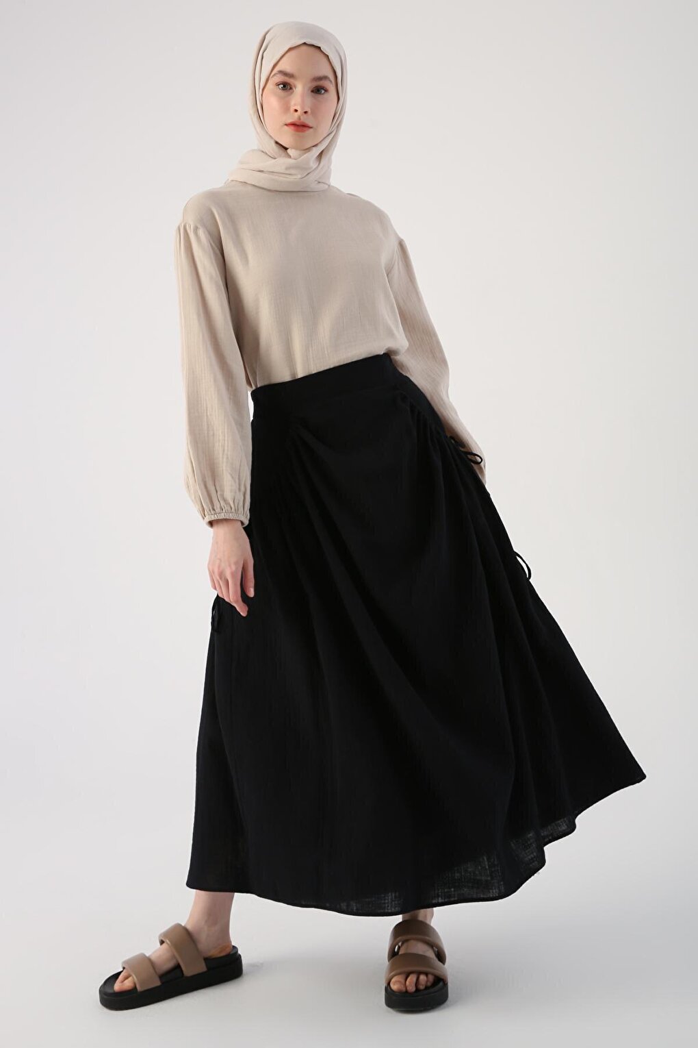 Black 100% Cotton Flared Skirt with Side Ruffle Detail