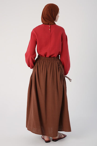 Brown 100% Cotton Flared Skirt with Ruffle Detail on the Sides