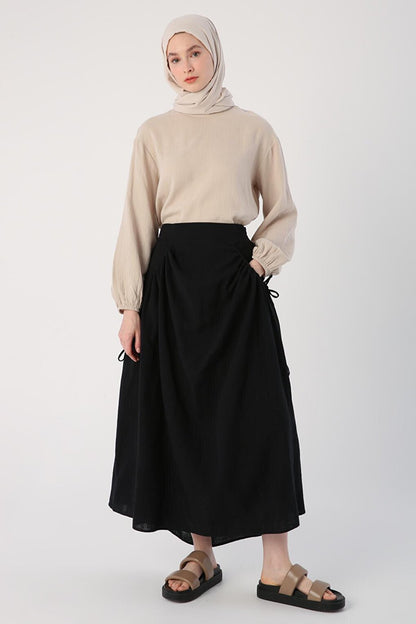 Black 100% Cotton Flared Skirt with Side Ruffle Detail