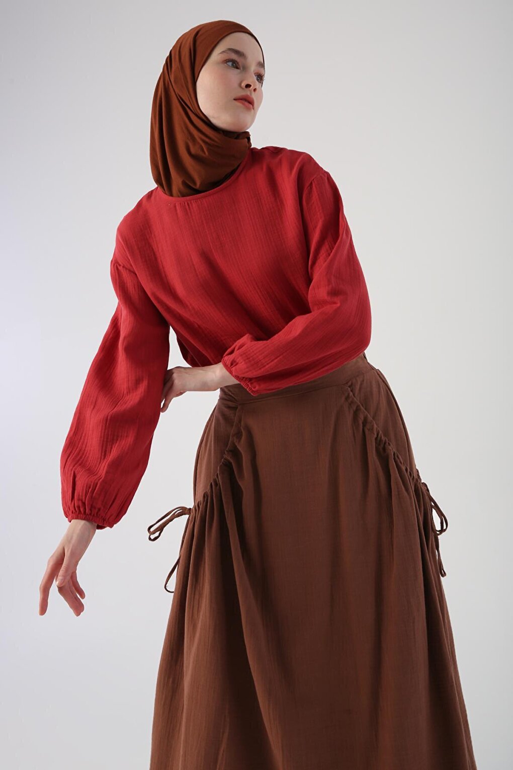 Brown 100% Cotton Flared Skirt with Ruffle Detail on the Sides