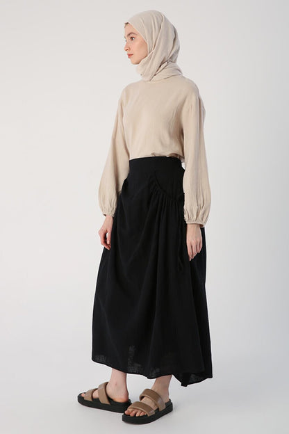 Black 100% Cotton Flared Skirt with Side Ruffle Detail