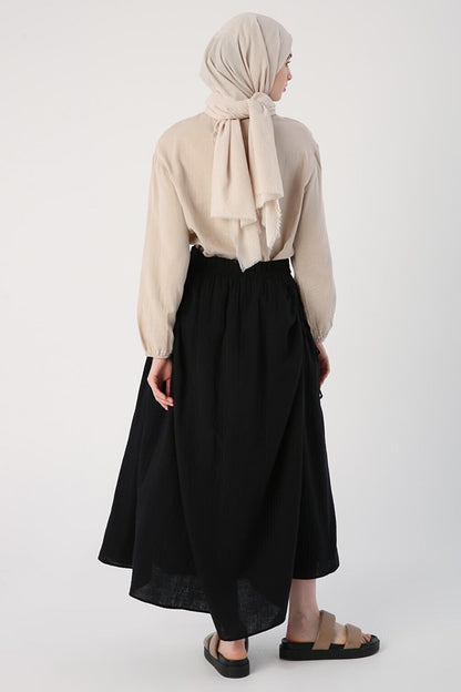 Black 100% Cotton Flared Skirt with Side Ruffle Detail