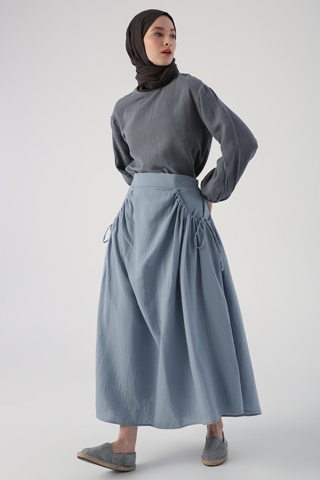 Blue 100% Cotton Flared Skirt with Side Ruffle Detail