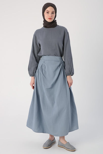 Blue 100% Cotton Flared Skirt with Side Ruffle Detail