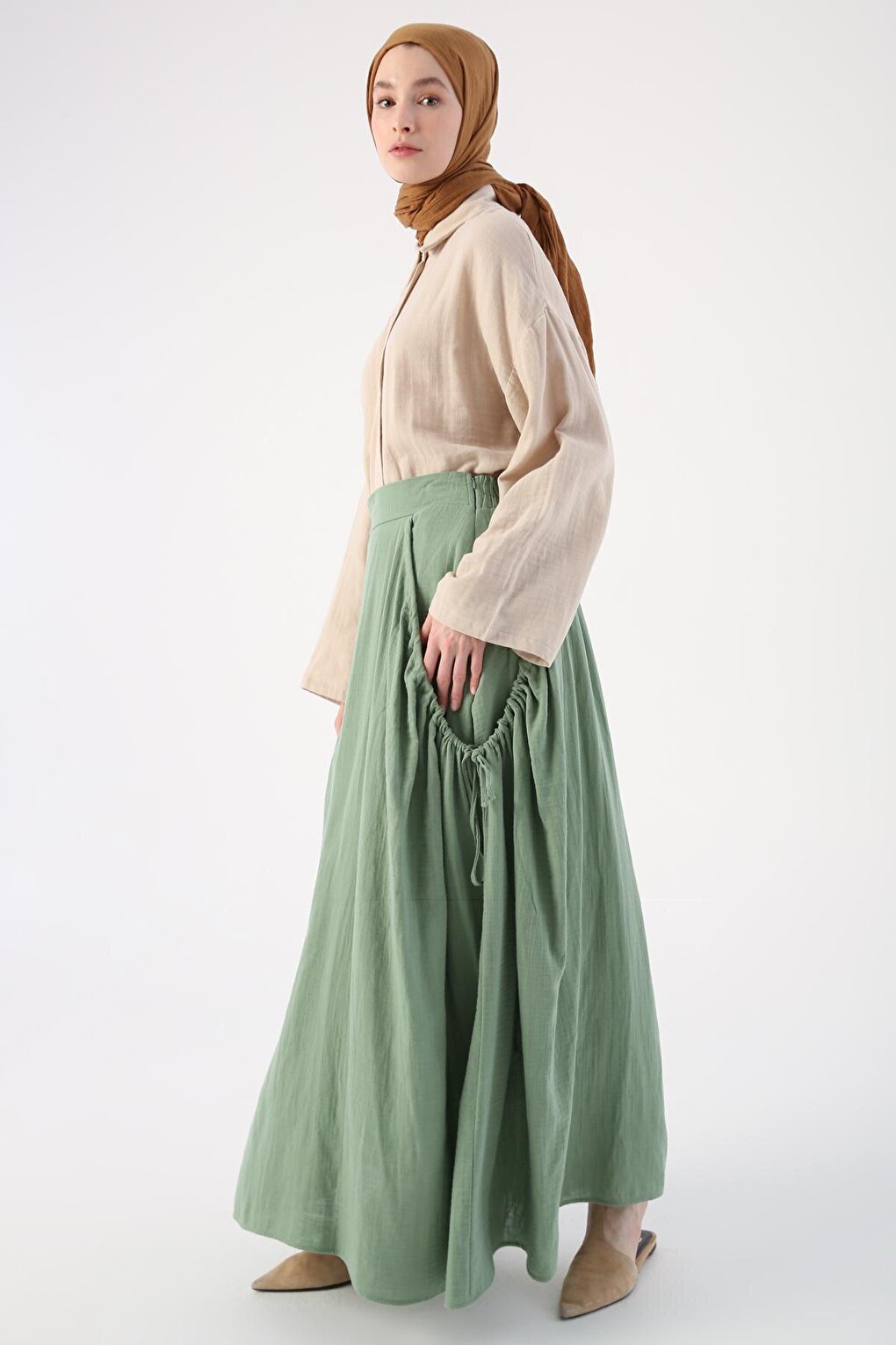 Green 100% Cotton Flared Skirt with Side Ruffle Detail