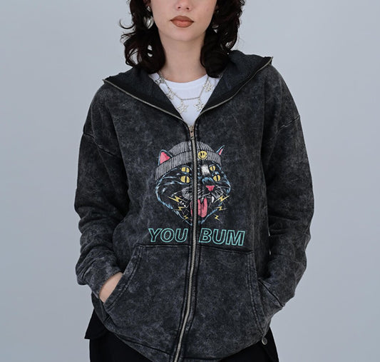 You Bum Cat Printed Vintage Washed Full Zip Detail Unisex Oversize Hooded Cardigan