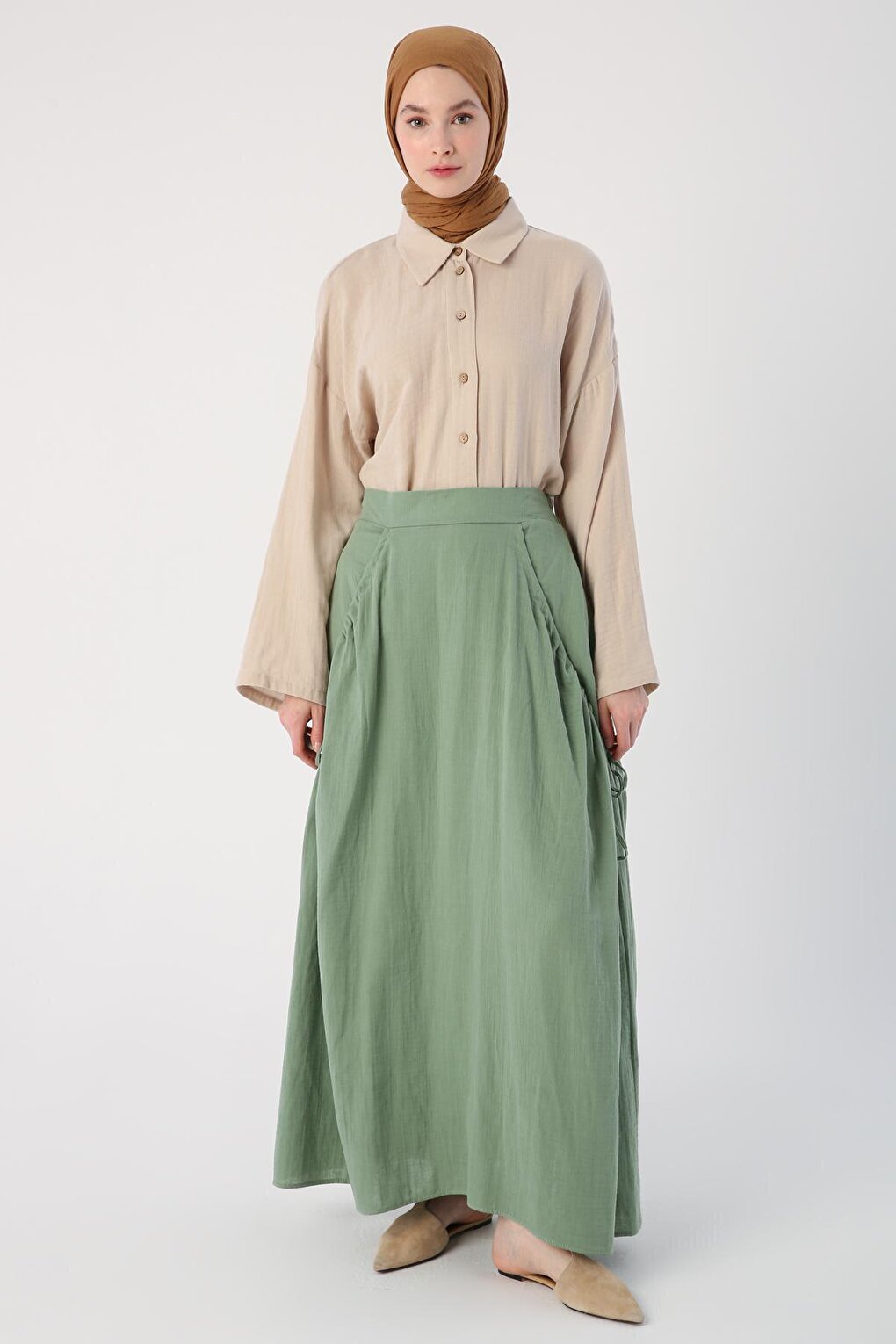 Green 100% Cotton Flared Skirt with Side Ruffle Detail