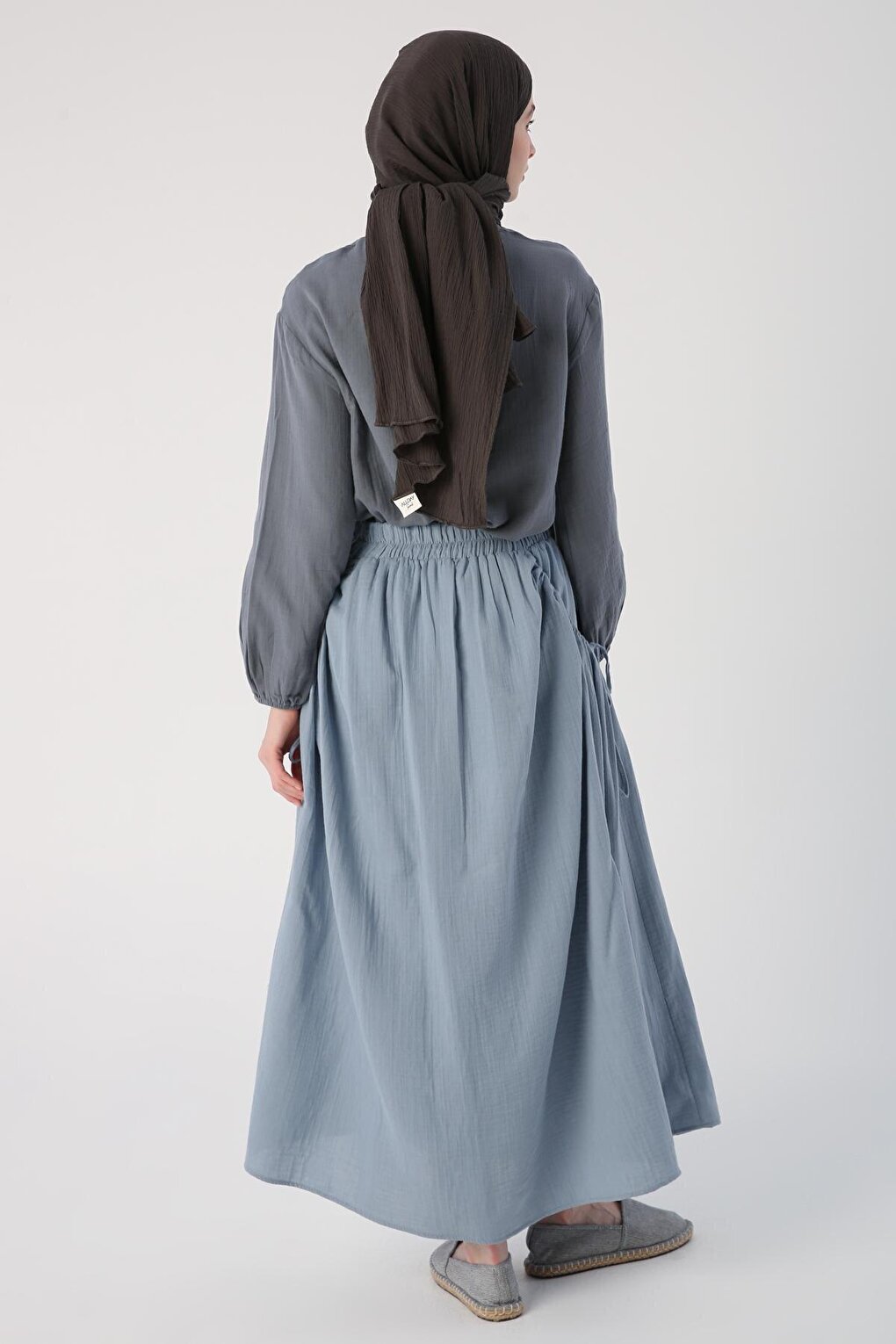 Blue 100% Cotton Flared Skirt with Side Ruffle Detail