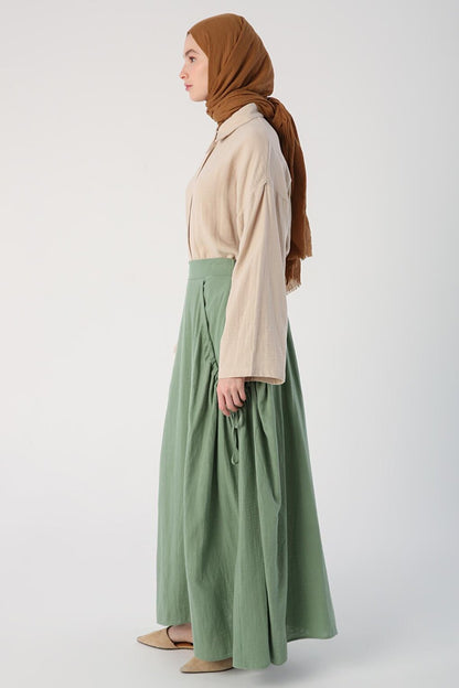 Green 100% Cotton Flared Skirt with Side Ruffle Detail