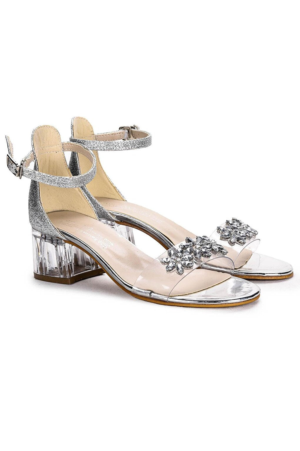 790 Sand Glitter Stone Girl's 3 Cm Transparent Heeled Sandals Shoes