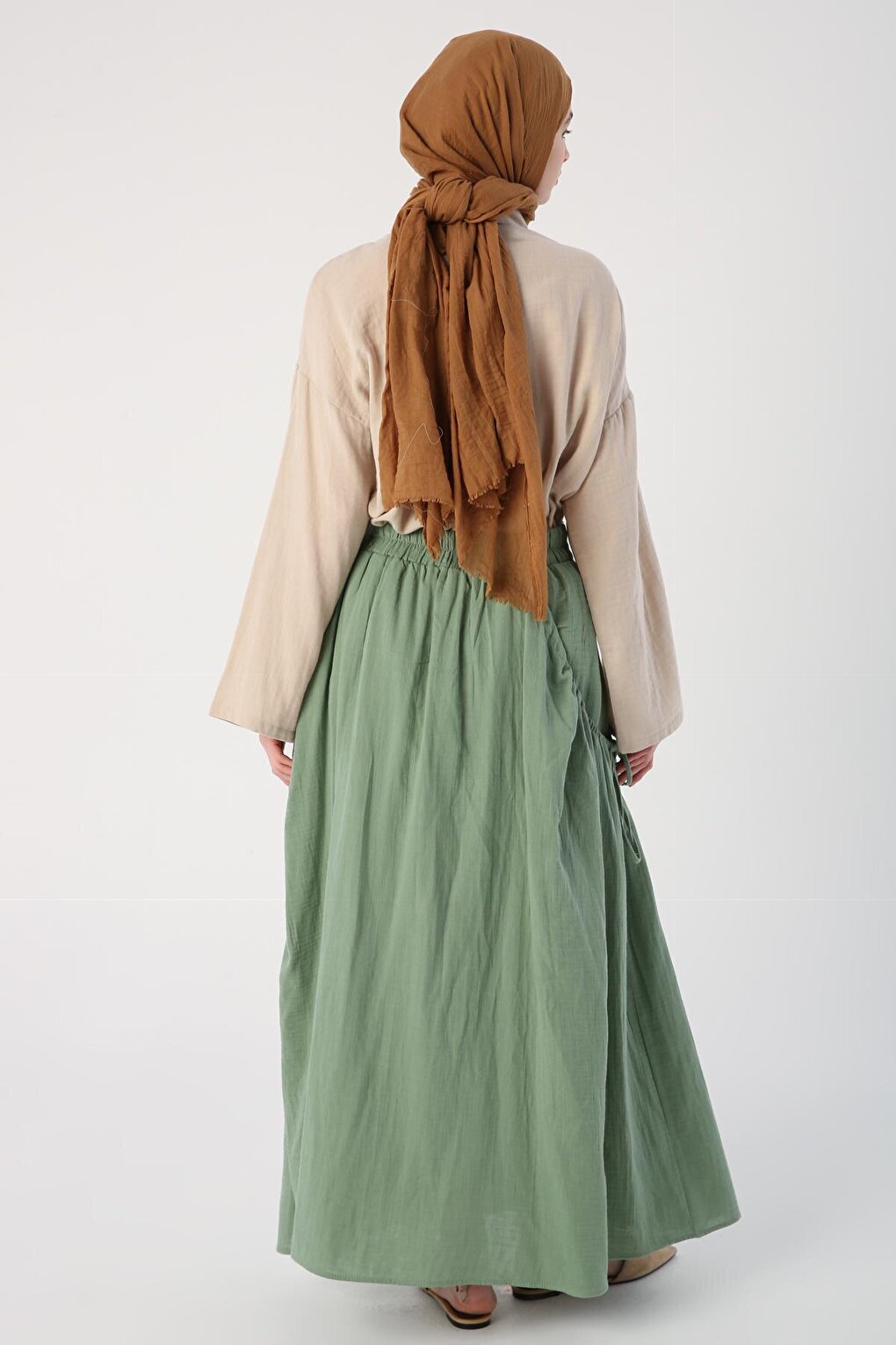 Green 100% Cotton Flared Skirt with Side Ruffle Detail