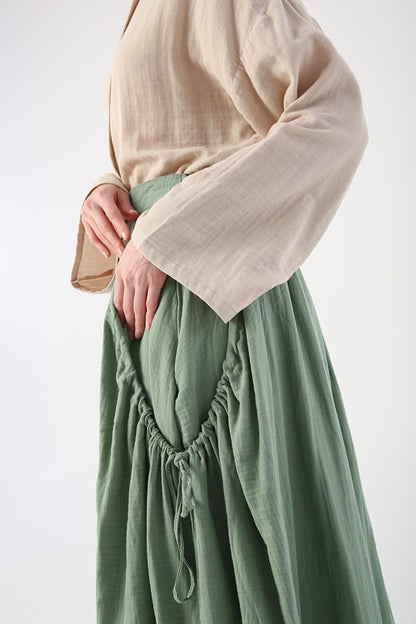 Green 100% Cotton Flared Skirt with Side Ruffle Detail